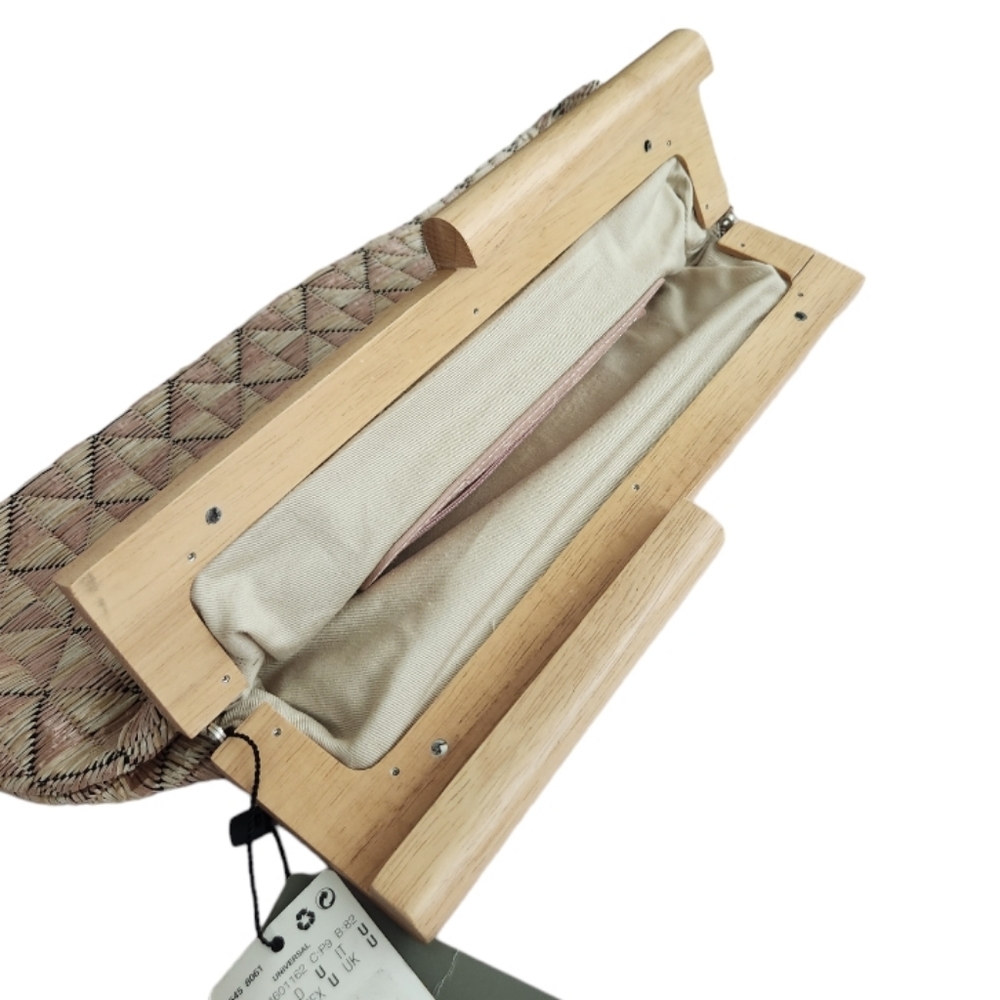 NWT Mango MNG Straw Wooden Clutch/ Wristlet Bag - Picture 2 of 9